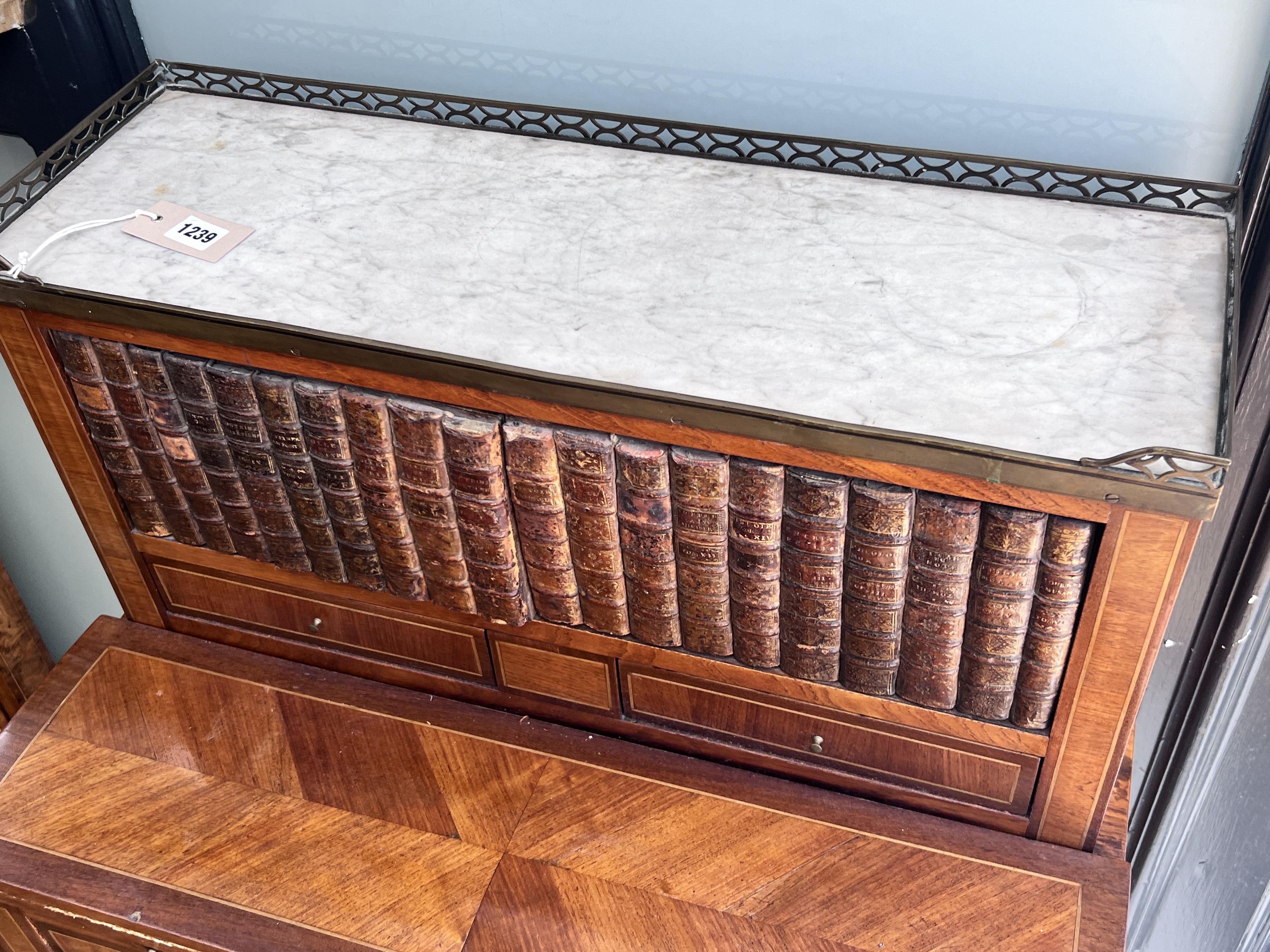 A French transitional style marble top kingwood bonheur du jour, width 70cm, depth 41cm, height 106cm